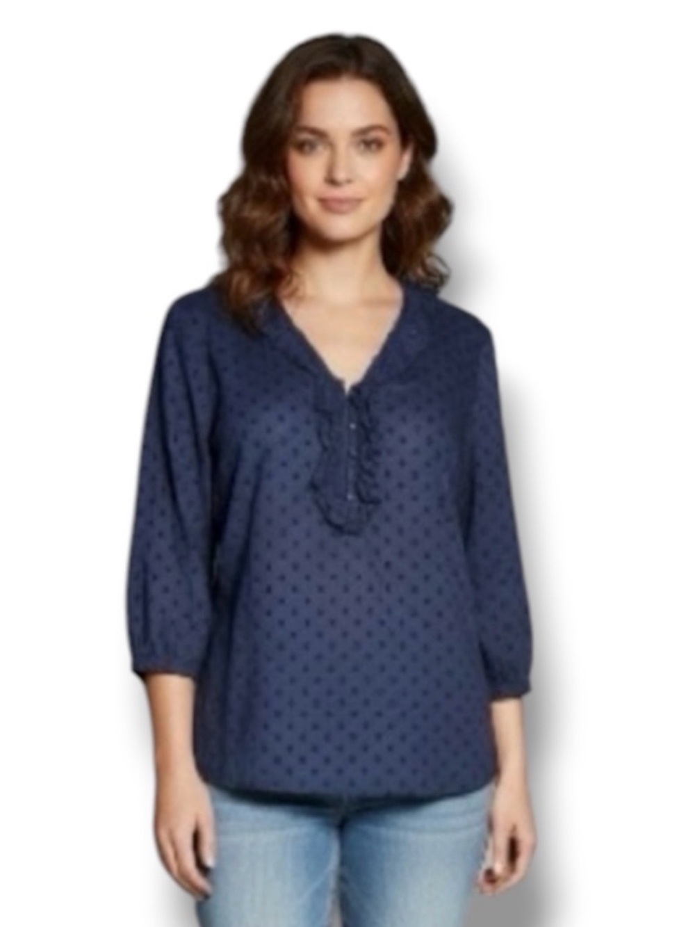 Talbots Navy Swiss-Dot Ruffle V-Neck Top